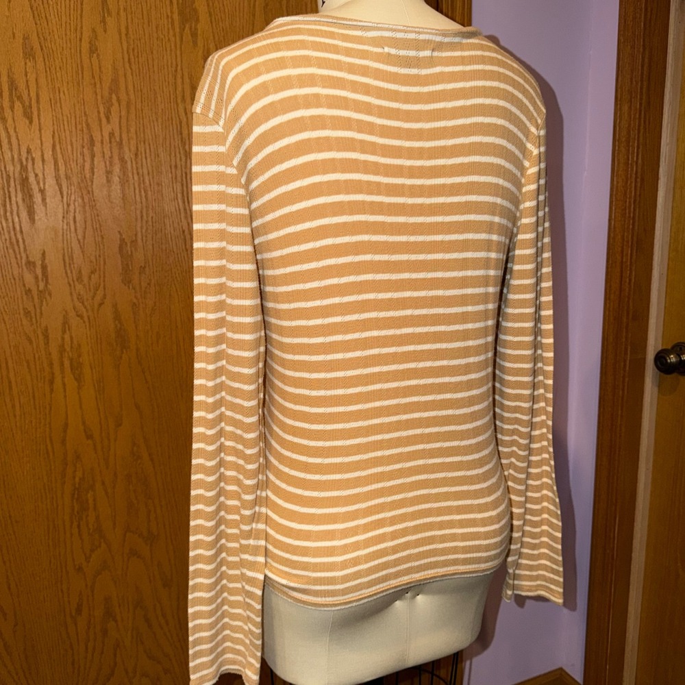 American Eagle Top Women XL Yellow Striped Pointelle Knit Long Sleeve Crew Neck